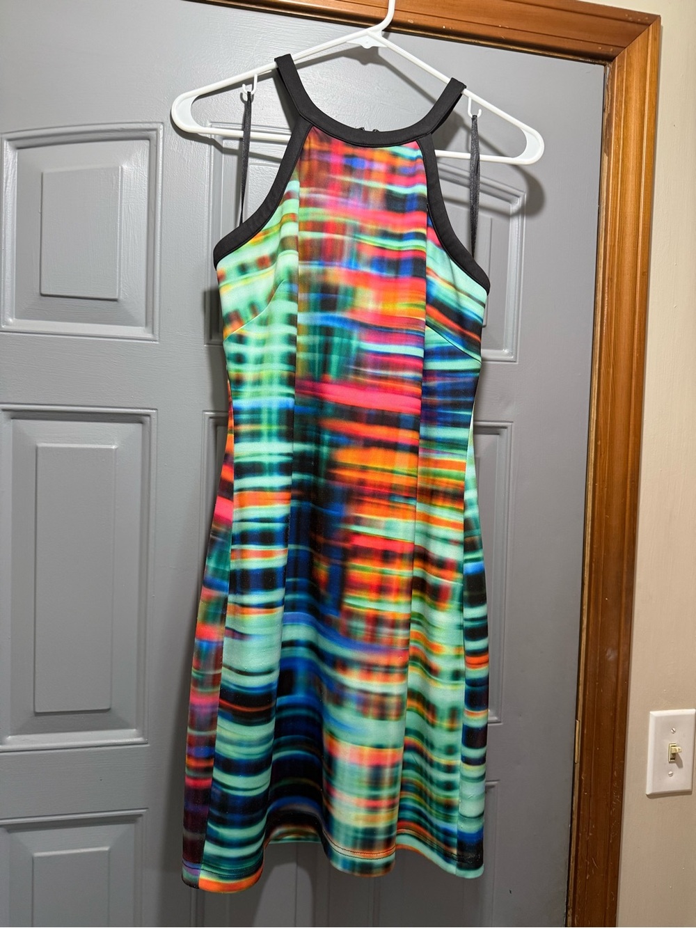 Bebe- Vibrant Abstract print Halter Scuba Dress with Black Trim-Medium